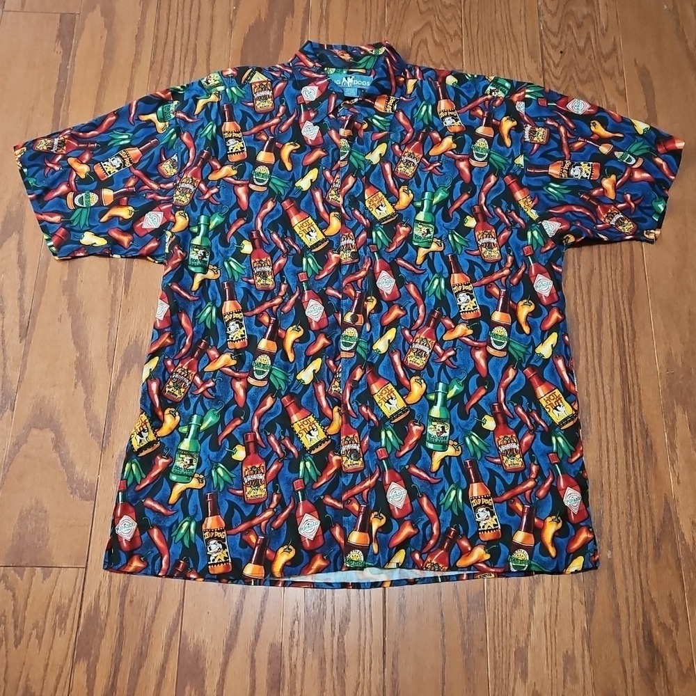 Vintage Big Dogs Shirt Size Small Hawaiian Button Up Hot Sauce Peppers AOP